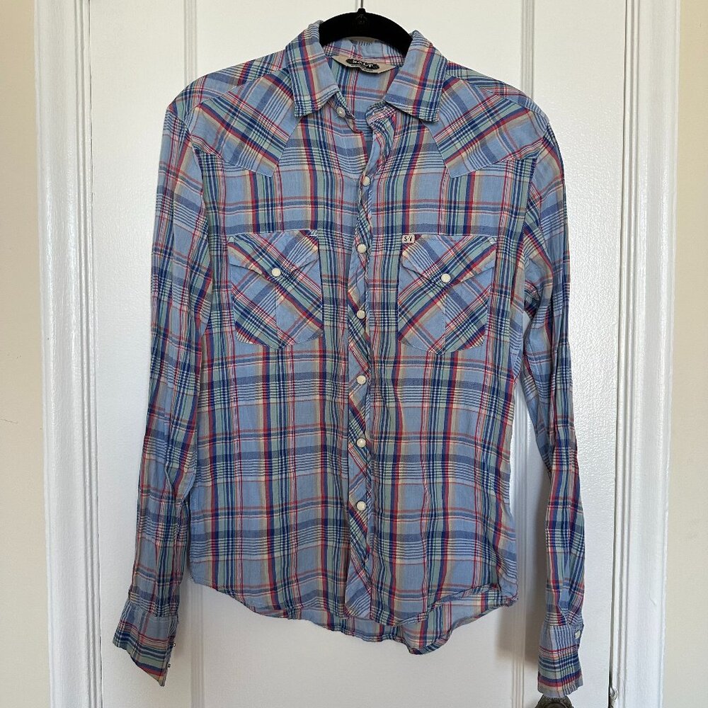 Salt Valley Western Light Blue Plaid Button-Down Shirt Size XS